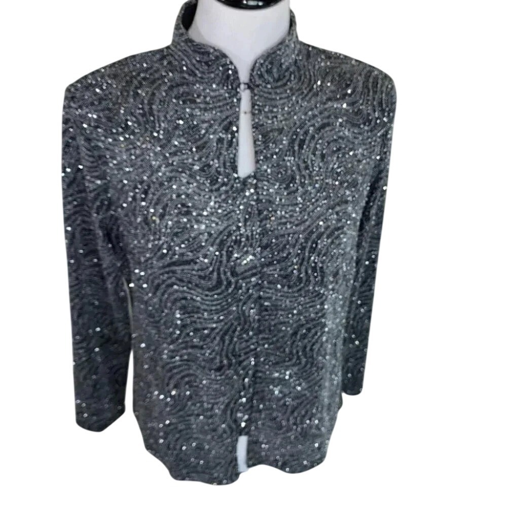 Onyx Nite 2pc Twin Set Small Black Silver Metallic Glitter‎ Cardigan Tank Set